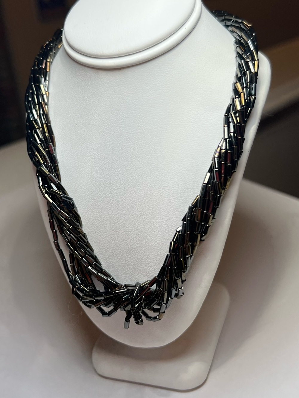 Vintage Black Hematite Seed Bead Multi Strand Twisted Statement Necklace
